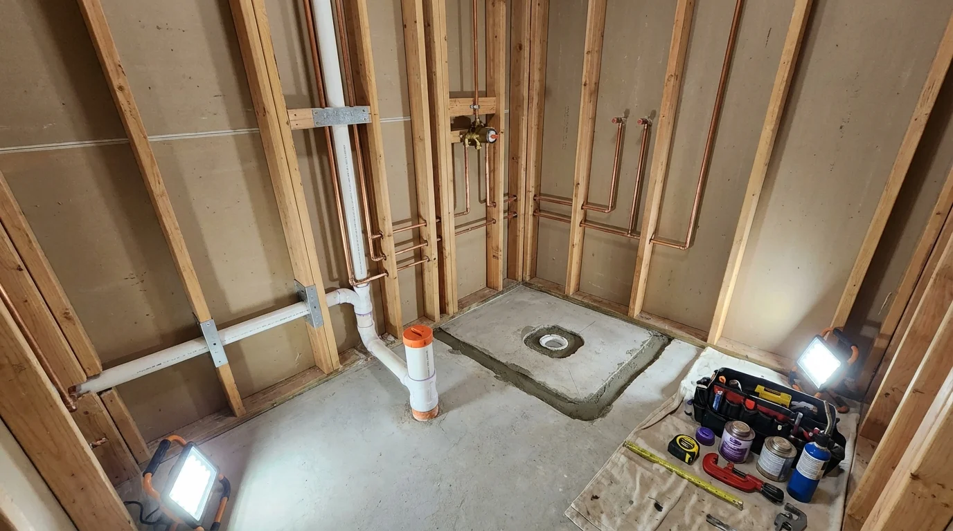 Bathroom rough-in plumbing during remodel by Johns Plumbing LLC in Leon
