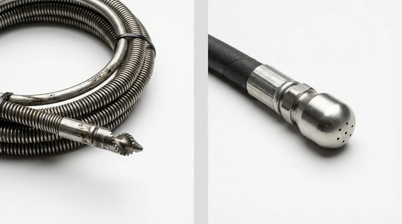 Drain snake cable and hydro jetting nozzle used for drain cleaning in Leon, IA