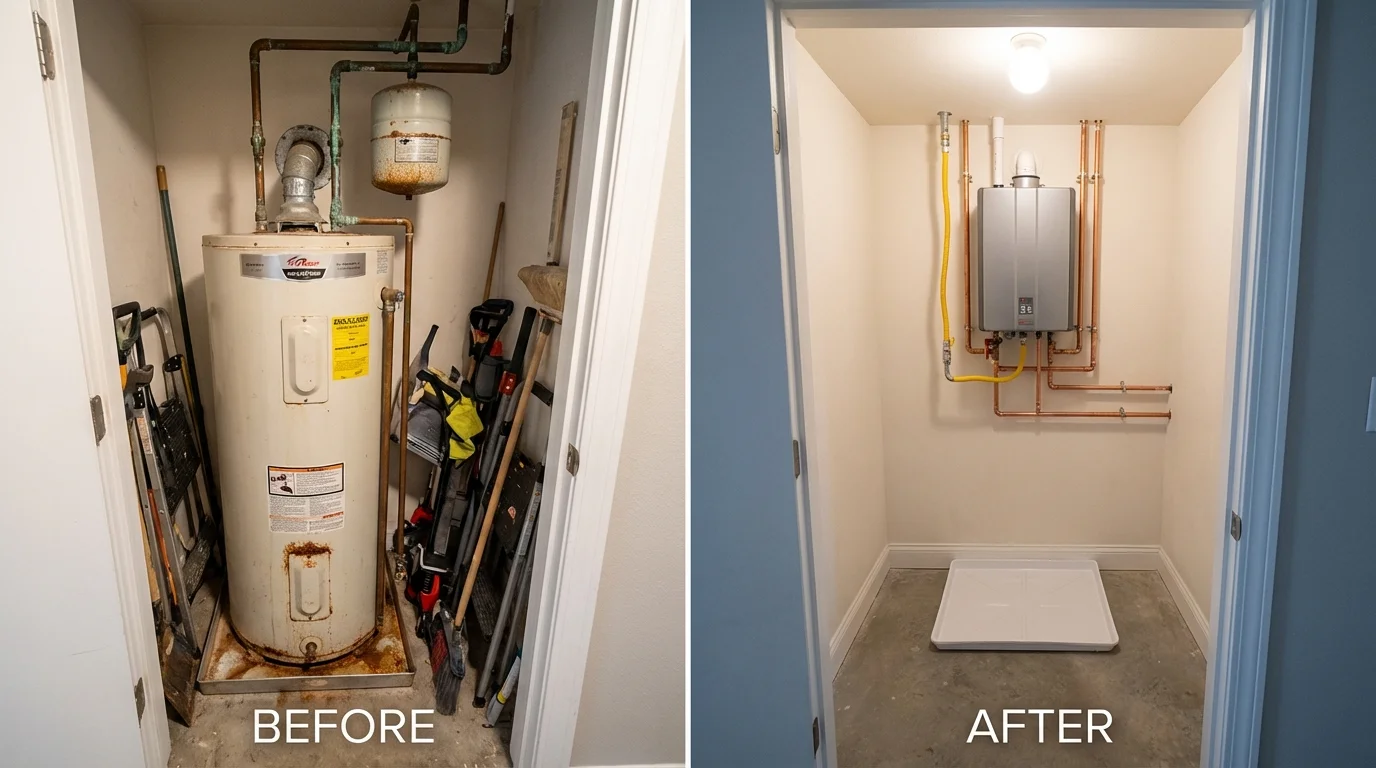 Tank water heater versus wall-mounted tankless unit comparison for Leon, IA homeowners