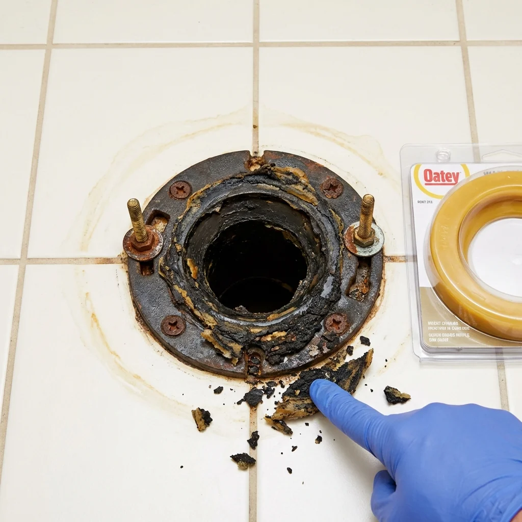 Failed wax ring showing water seepage at the base of a toilet in a Leon, IA home