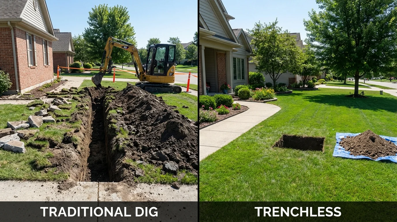 Trenchless sewer repair with minimal yard damage versus traditional excavation in Leon, IA