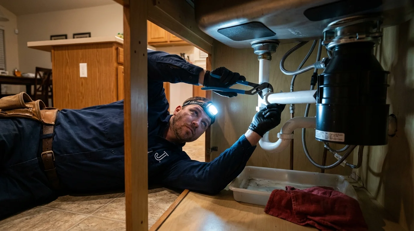 P-trap and supply line connections under a kitchen sink showing a common leak point in Leon, IA
